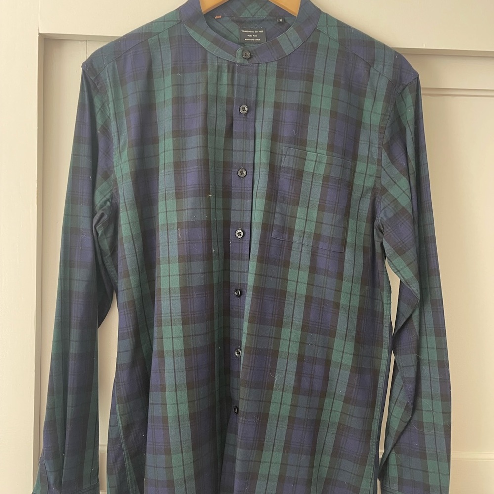 7 Diamonds Plaid Mandarin Collar Button Down Shirt Size Large